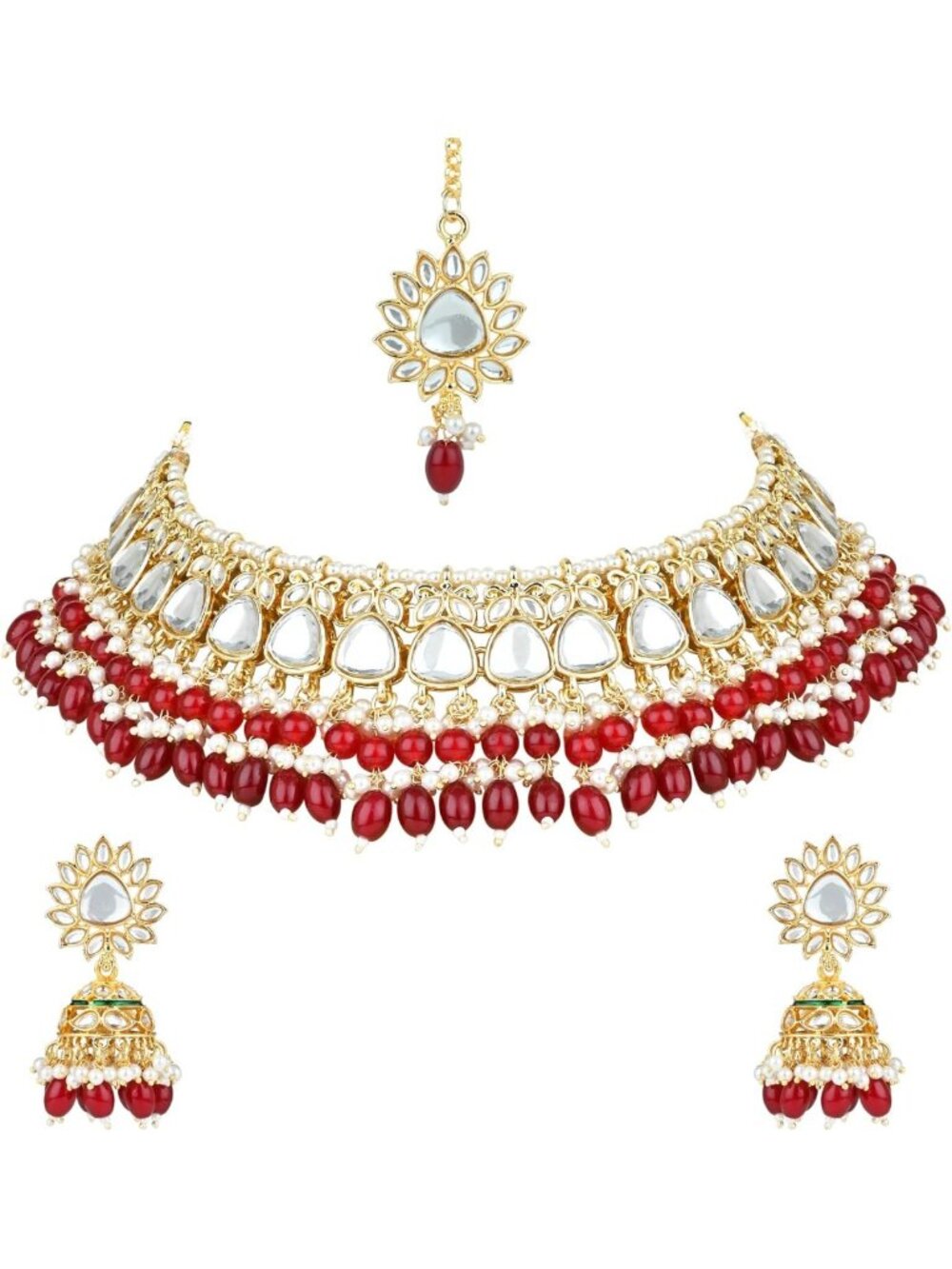 Gold Plated Indian Wedding Kundan Pearl Choker Necklace & Dangle Earrings Set